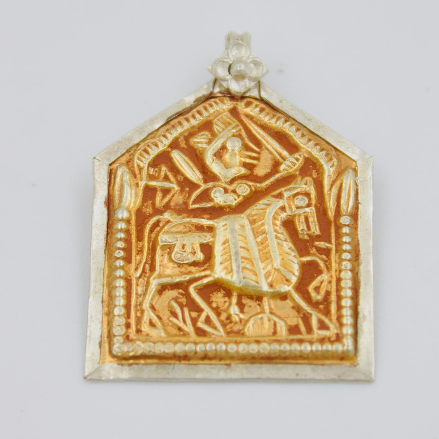 Handcrafted Indian Warrior Equestrian Deity Amulet Pendant in Sterling Silver