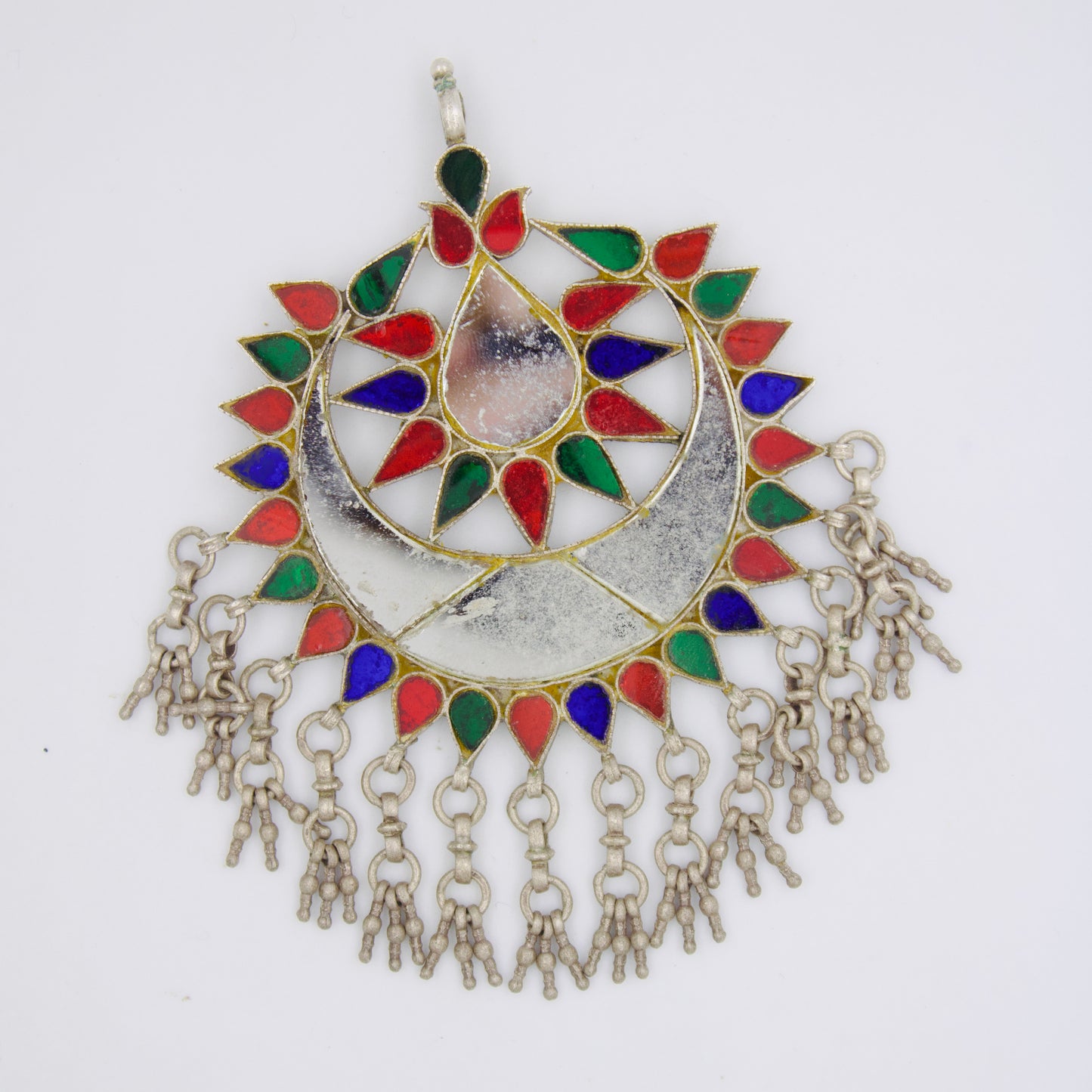Vintage Tribal Coloured Glass Crescent Moon Pendant in Sterling Silver
