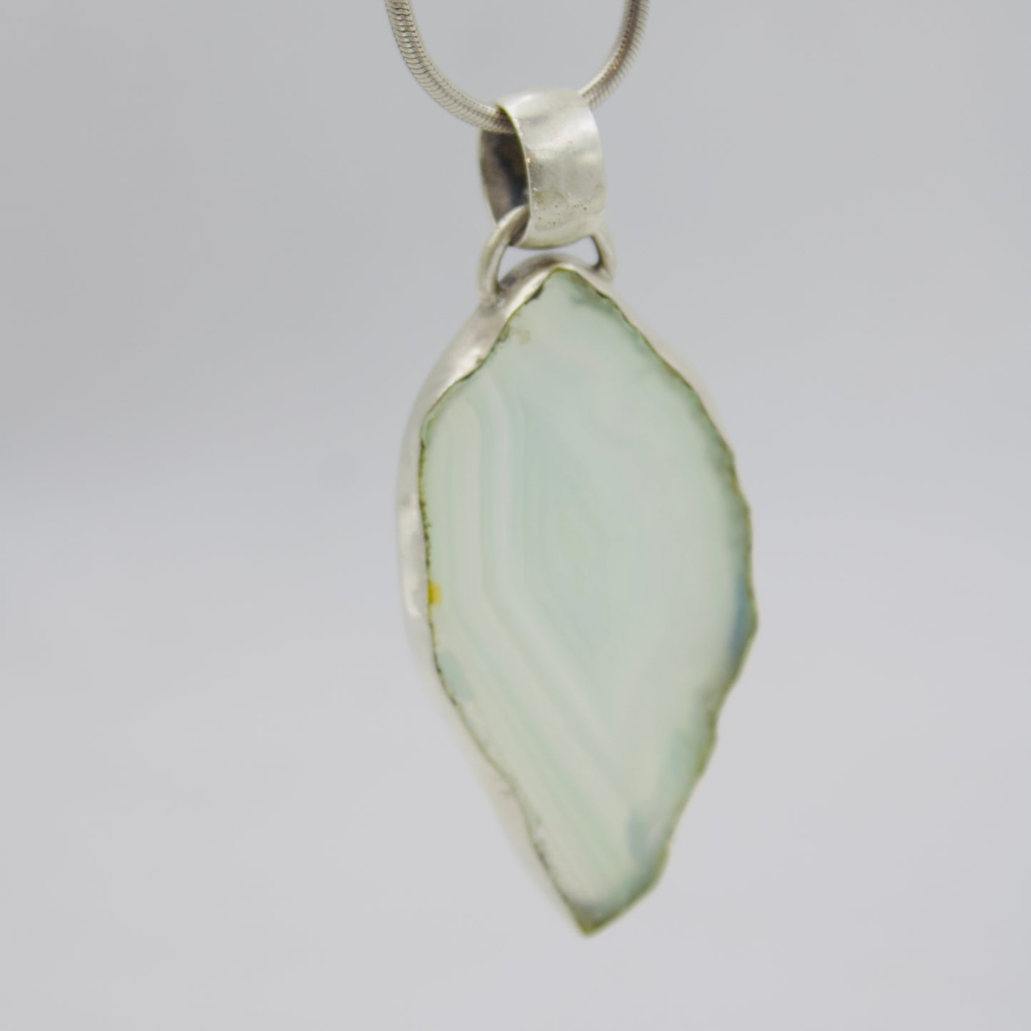 Artisanal Natural Light Blue Agate Slice Bezel Set Pendant in Sterling Silver
