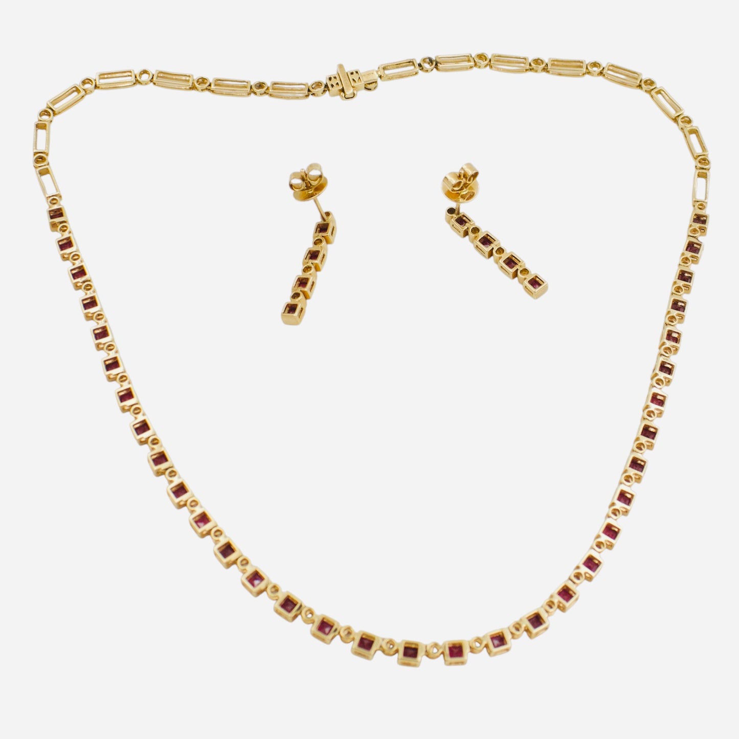 Diamond & Square Mozambique Red Ruby Geometric Jewelry Set in 18k Rose Gold