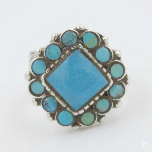Vintage Natural Square Turquoise Cluster Statement Ring in Sterling Silver size 7