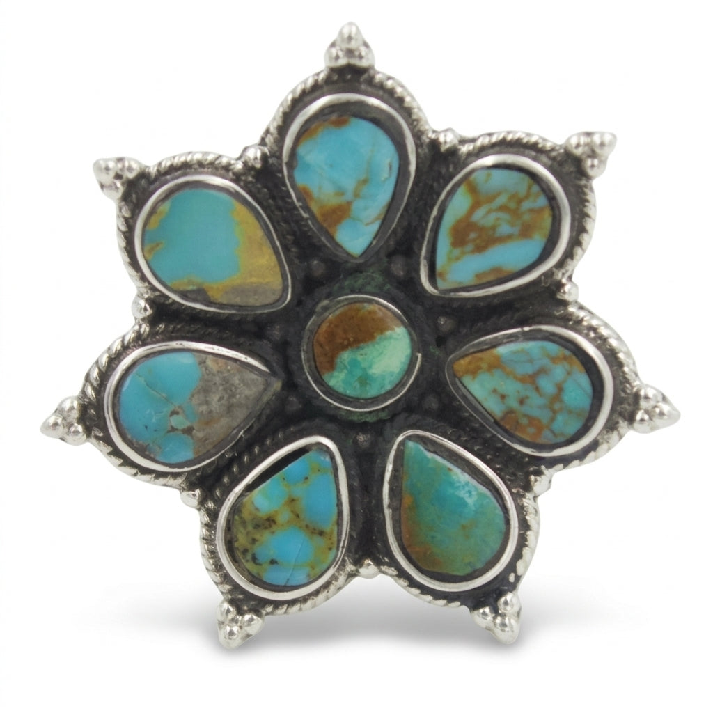 Vintage Sterling Silver Natural Turquoise Flower Cluster Statement Ring