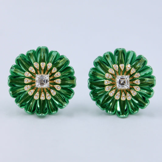 GIA Certified 1.19 Ct Asscher Cut Solitaire Floral Stud Earring 18K Green Gold