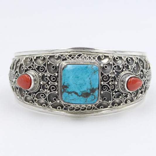 Vintage Natural Turquoise & Coral Sterling Silver Cuff Bracelet