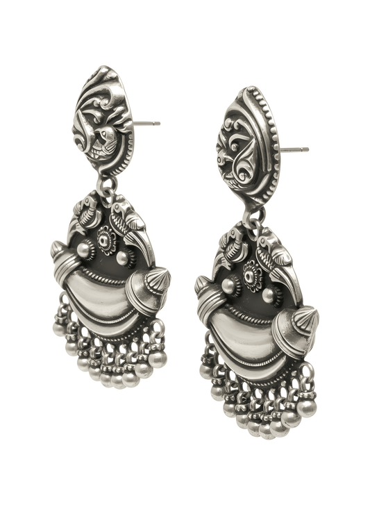 Oxidized 92.5 Sterling Silver Traditional Indian Peacock Drop Earrings