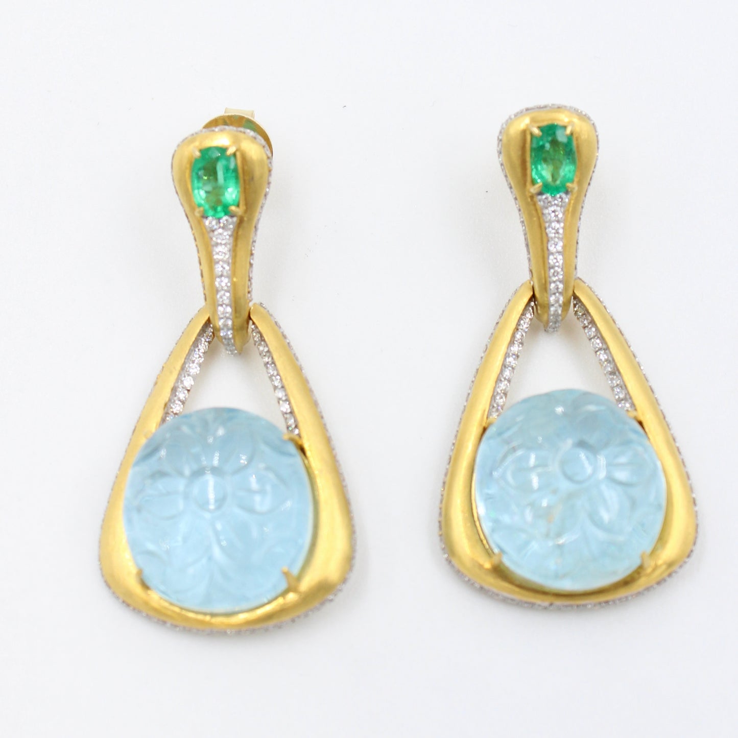 44.9 Ct Carved Aquamarine, Emerald & Diamond Drop Earrings 18K Brushed Gold