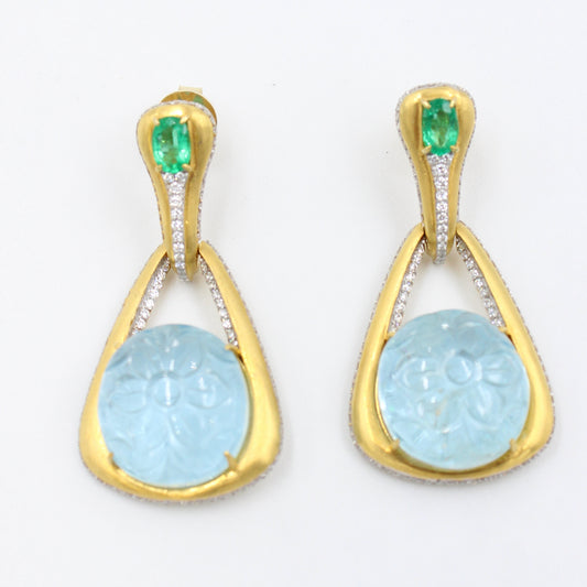 44.9 Ct Carved Aquamarine, Emerald & Diamond Drop Earrings 18K Brushed Gold