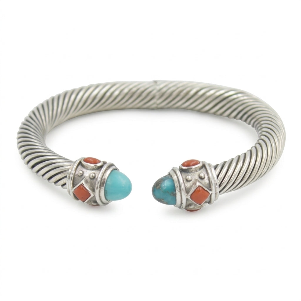Natural Turquoise & Coral Twisted Cable Cuff Bracelet in Sterling Silver