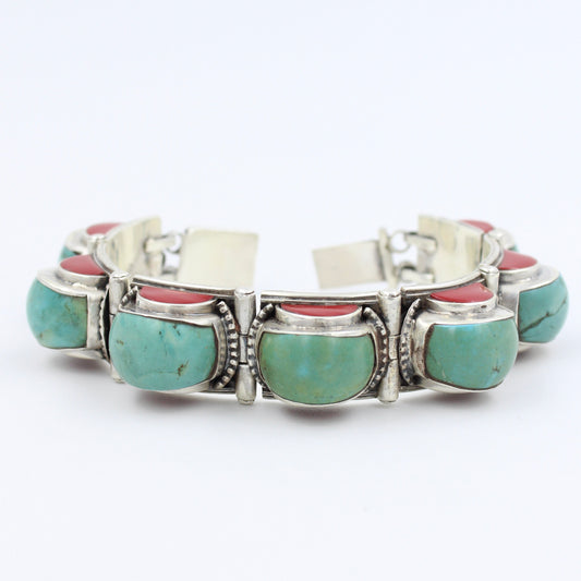 Vintage Southwestern Turquoise & Coral Statement Bracelet in Sterling Silver