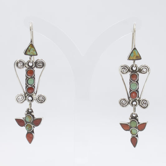 Vintage Turquoise Coral Traditional Filigree Drop Earrings in 925 Sterling Silver