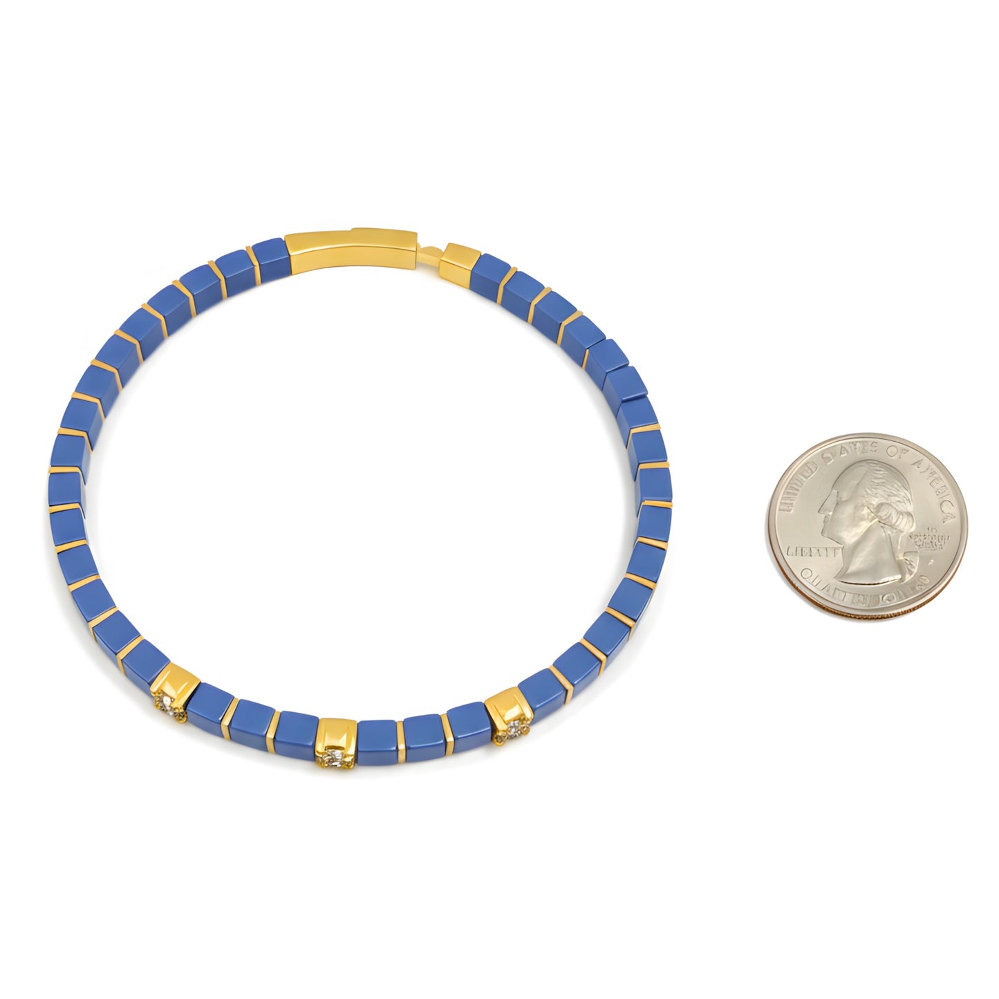 Natural 45.29 TCW Lapis Lazuli and Diamond Tile Beaded Bracelet 14K Gold