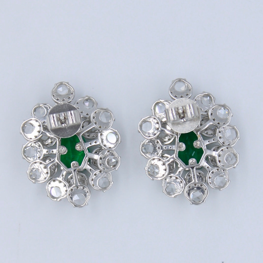 Statement 7.38 TCW AAA Natural Emerald & Rose Cut Diamond Halo Stud Earrings