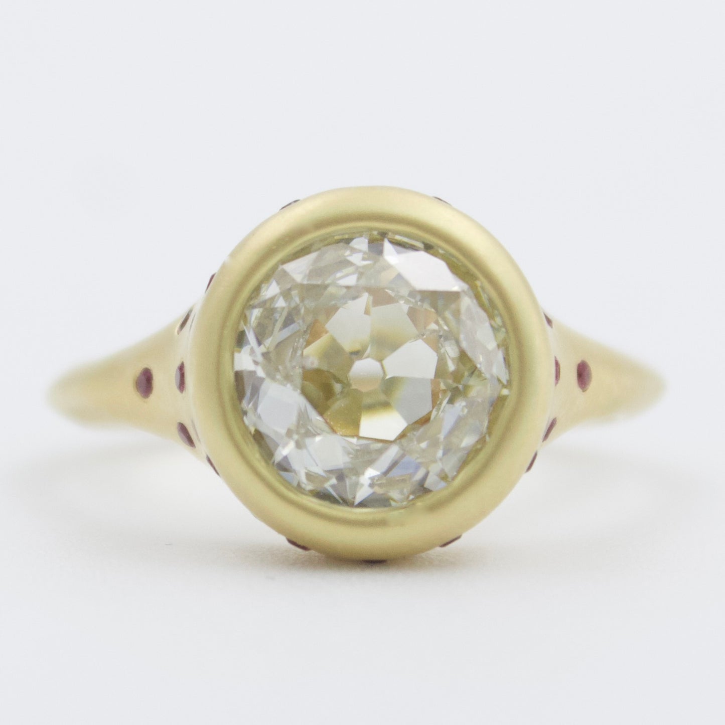 IGI 2.26 Ct Old European Cut Diamond & Ruby Engagement Ring in 18KY Brushed Gold