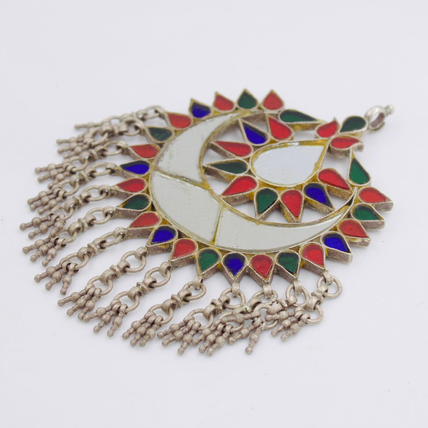 Vintage Tribal Coloured Glass Crescent Moon Pendant in Sterling Silver