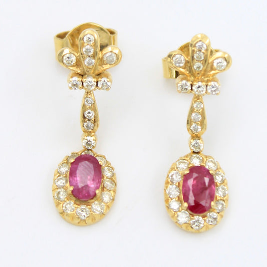 Vintage 3.60 TCW Natural Untreated Ruby & Diamond Drop Earring in 18K Gold