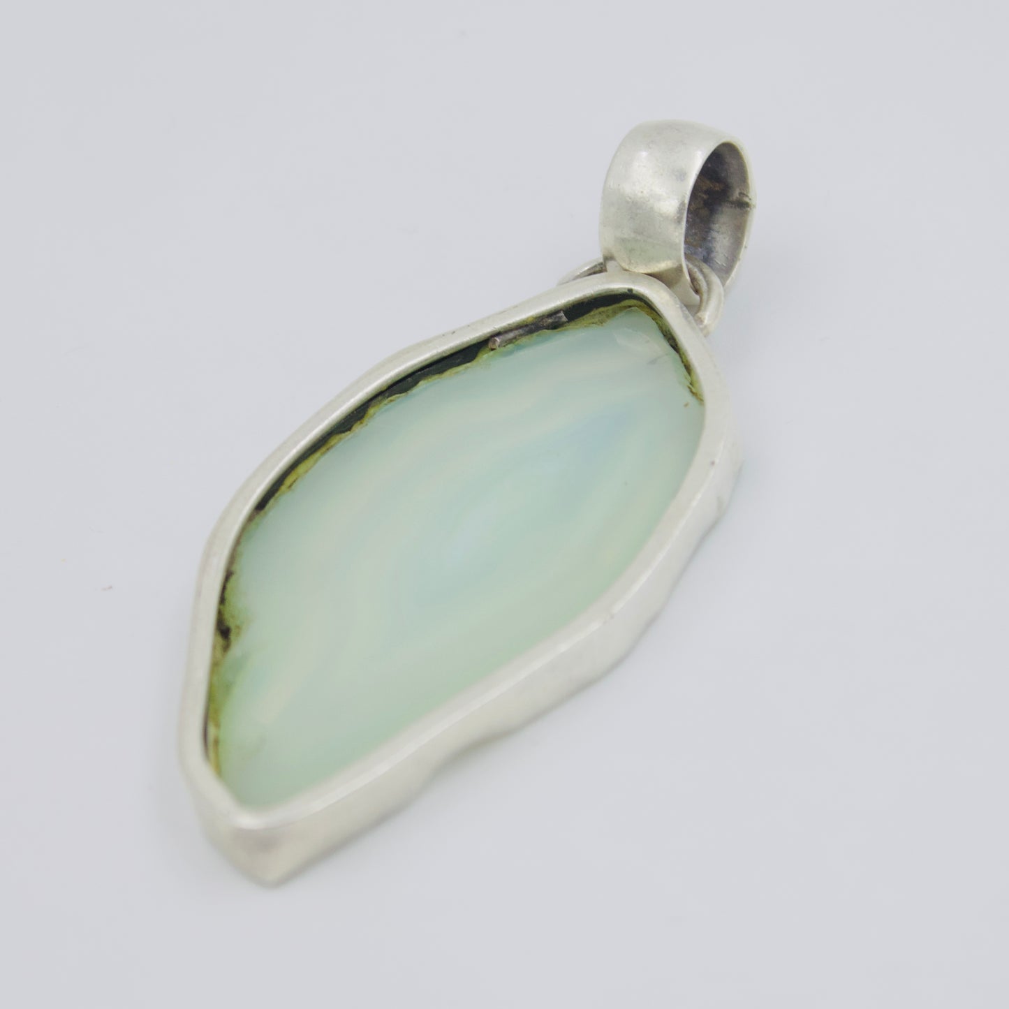 Artisanal Natural Light Blue Agate Slice Bezel Set Pendant in Sterling Silver