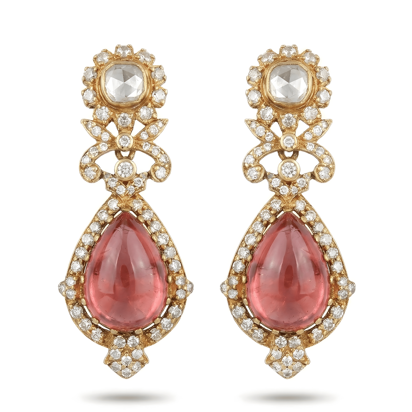 12.3 Ct Rubellite Tourmaline & Rose Cut Diamond Drop Earring In 18K Yellow Gold