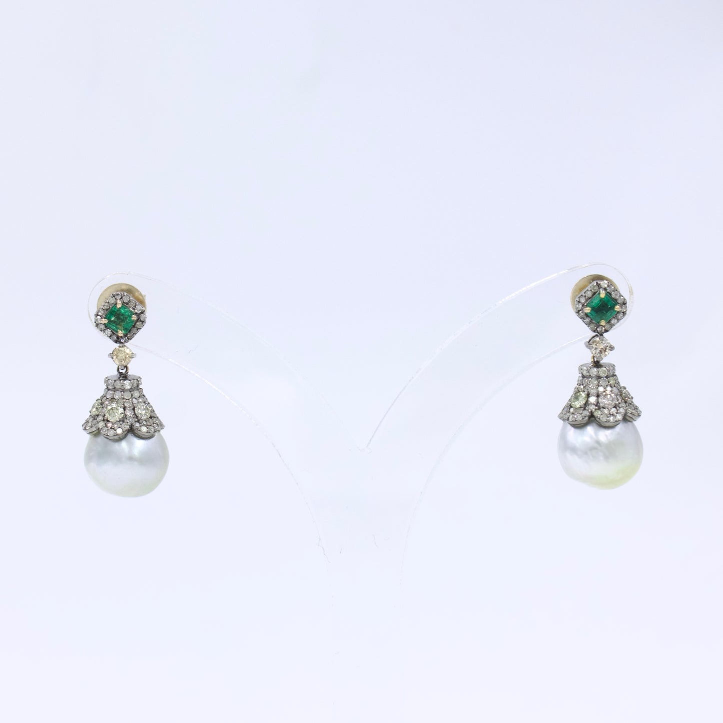 Art Deco Gold Silver Emerald Diamond Southsea Pearl Earrings in 14K Gold & Sterling Silver
