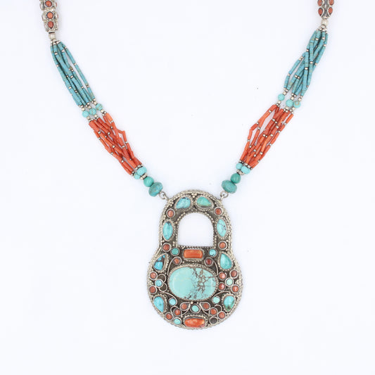 Vintage Tibetan Turquoise & Coral Padlock Pendant Necklace in Sterling Silver