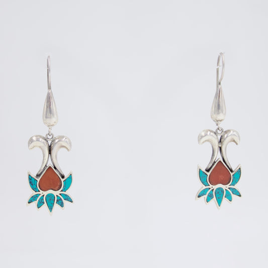 Vintage Turquoise and Carnelian Floral Statement Drop Earrings in Sterling Silver