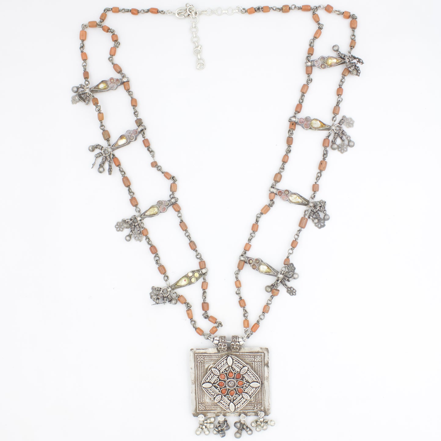 Navratri Antique Coral Necklace Double Strand Square Pendant in Sterling Silver
