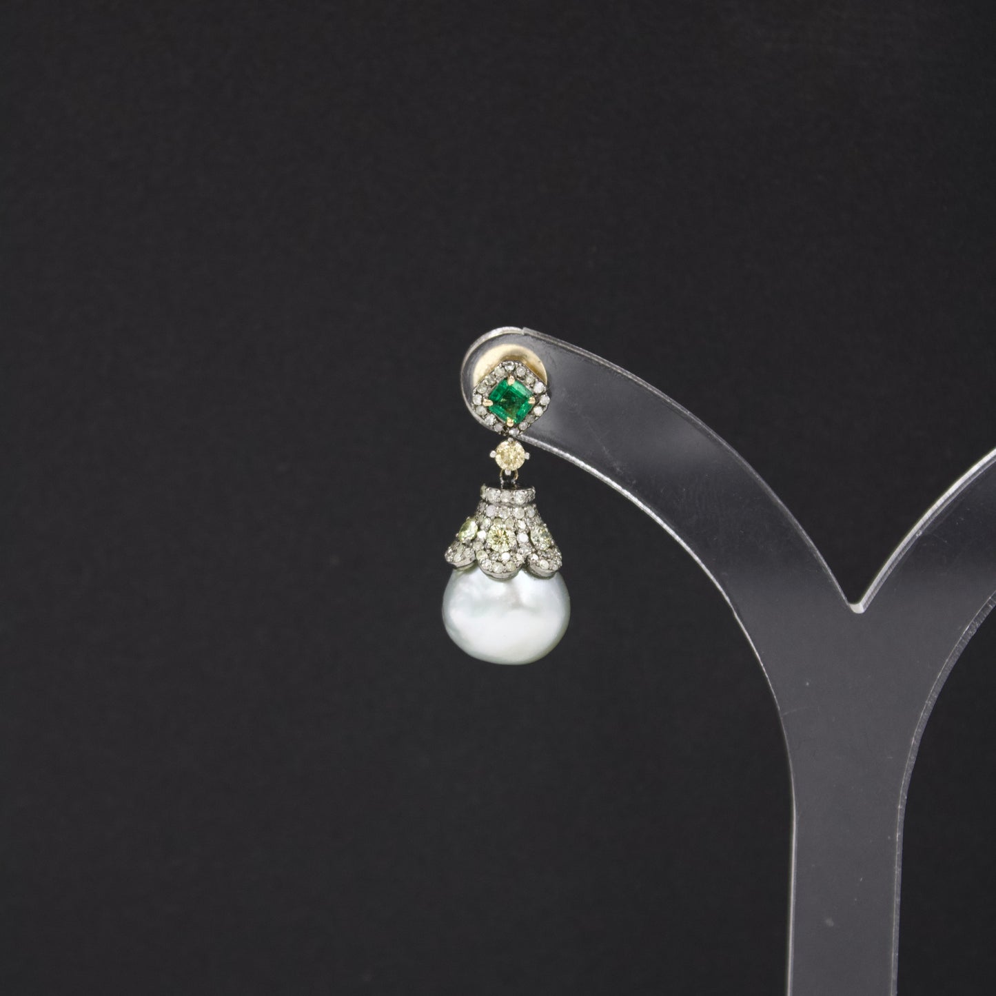 Art Deco Gold Silver Emerald Diamond Southsea Pearl Earrings in 14K Gold & Sterling Silver