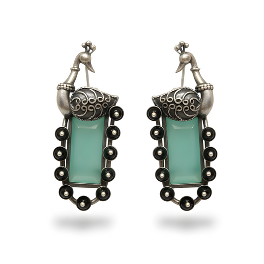 Artisanal Sterling Silver Peacock Motif Earrings with Mint Chalcedony