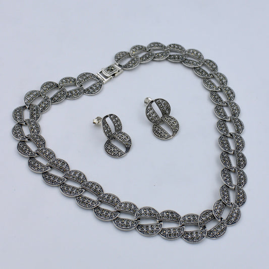 Statement Marcasite Cuban Link Necklace & Earring Set in Sterling Silver