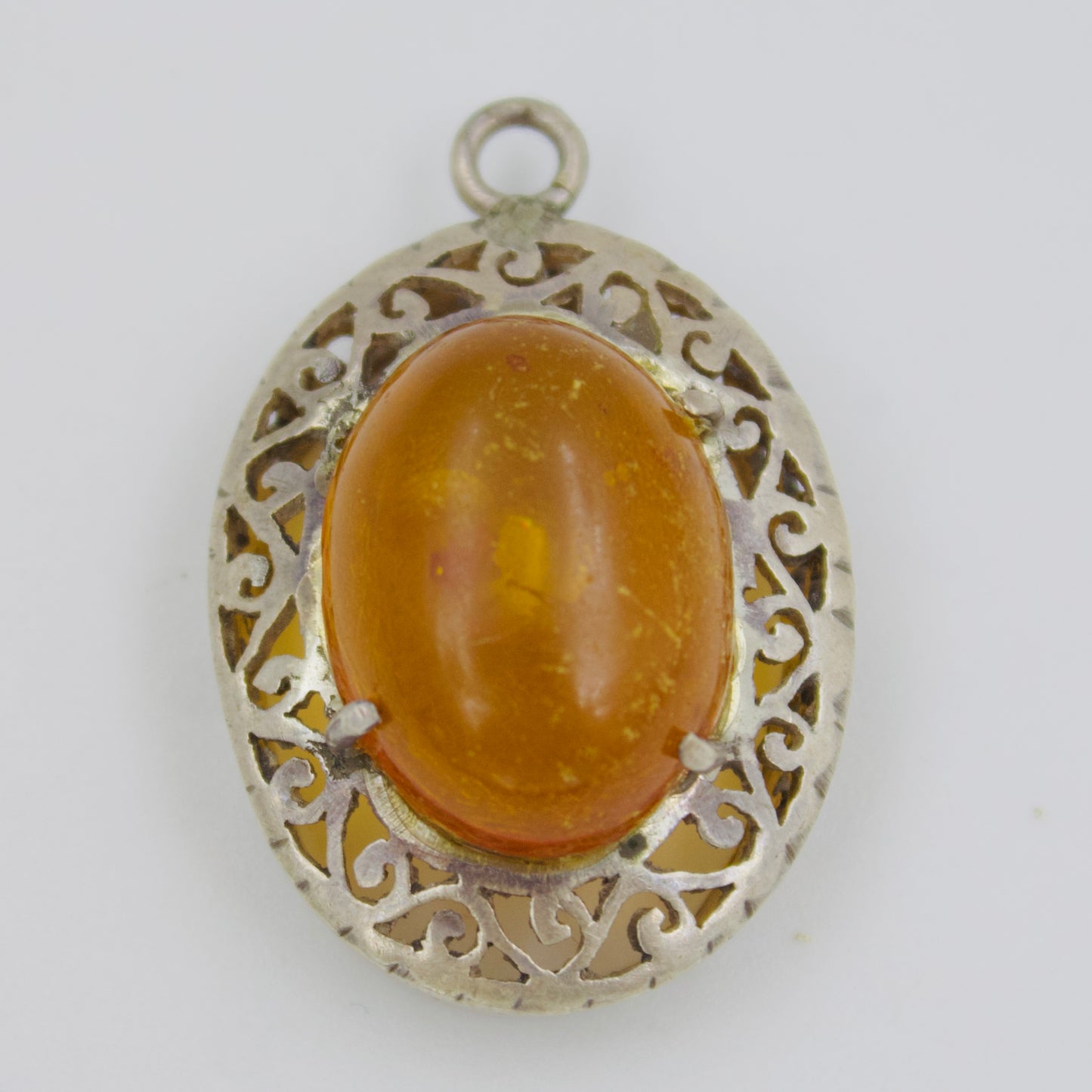 Vintage Amber Cabochon Filigree Oval Pendant in Sterling Silver