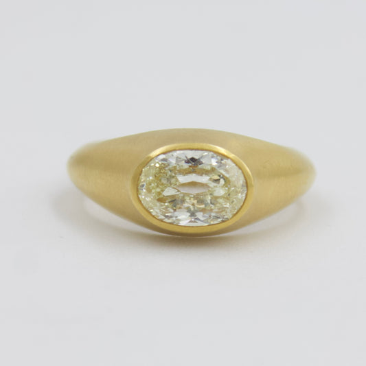 Natural 1.71 Ct Old Mine Cut Oval Diamond East-West Bezel Ring in 18K Brushed Gold