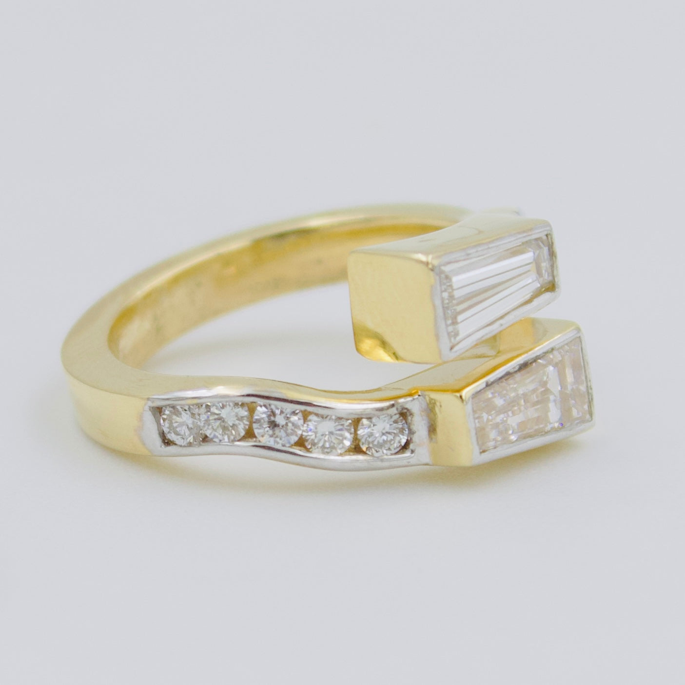 1.47 ct Created Diamond Bypass Ring with Tapered Baguette & Round Cut Accents in 18k Gold Size 6