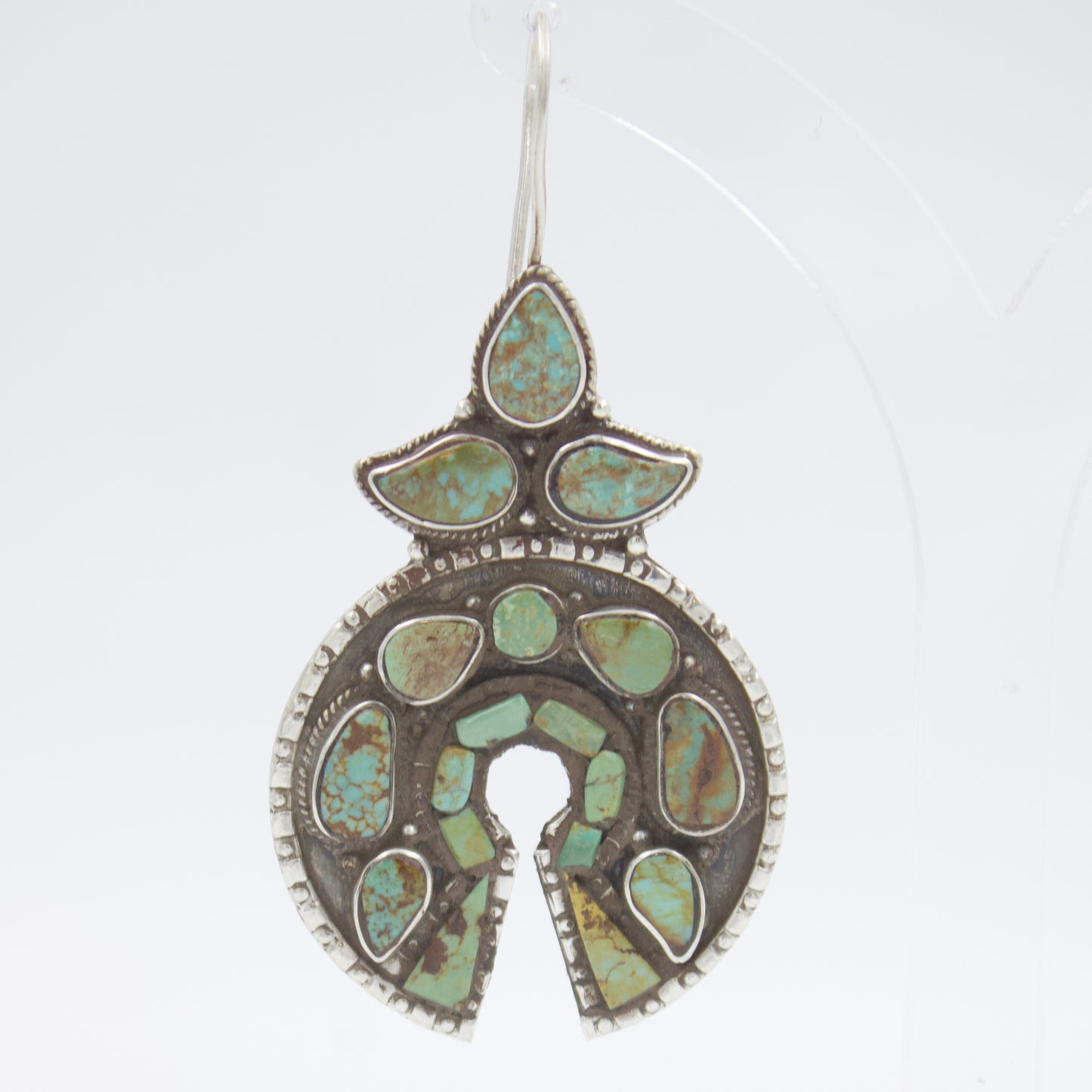 Vintage Tibetan Himalayan Turquoise Naja Chandbali Drop Earrings Sterling Silver