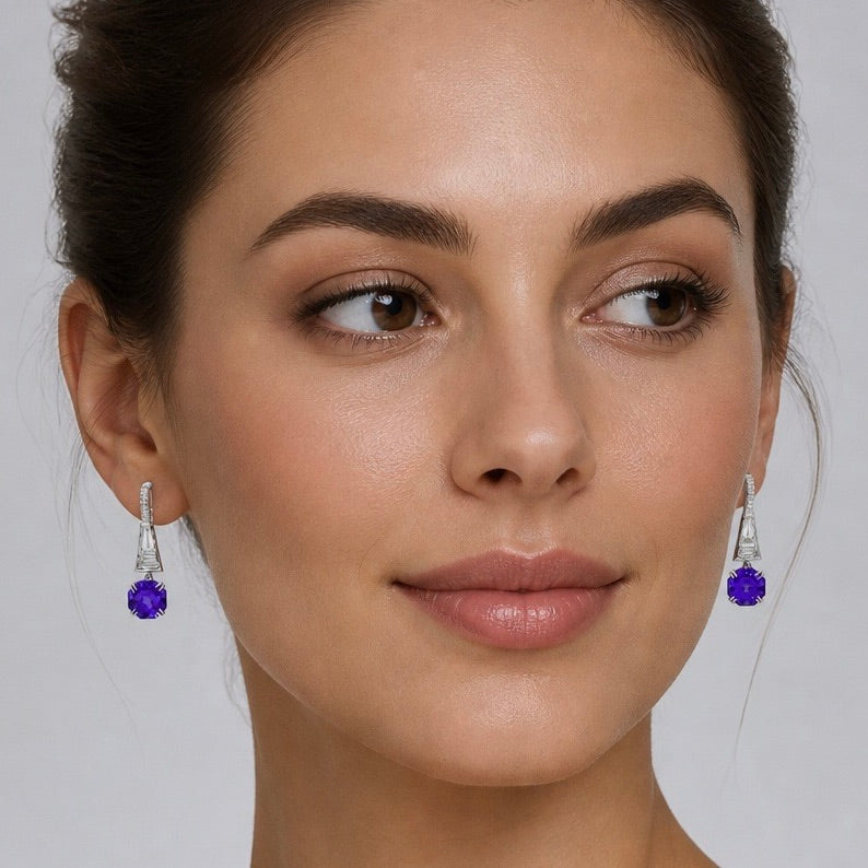 Statement 5.93 TCW Natural AAA++ Fancy Cut Tanzanite & Diamond Drop Earring 18K White Gold
