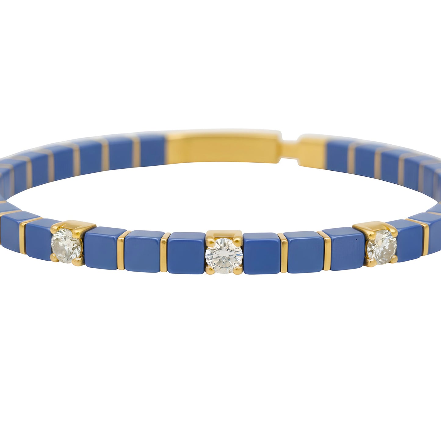 Natural 45.29 TCW Lapis Lazuli and Diamond Tile Beaded Bracelet 14K Gold