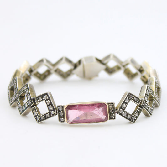 Victorian 5.91 TCW Pink Tourmaline and Diamond Bracelet in 14K Gold & Sterling Silver