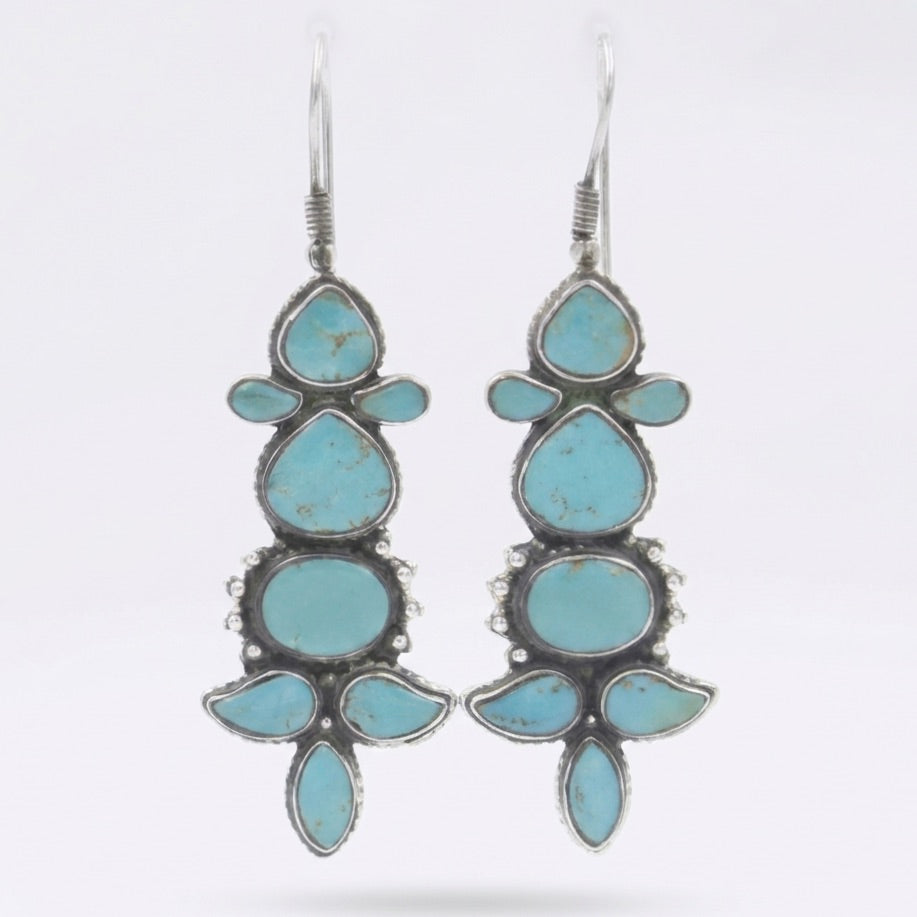 Vintage Tibetan Natural Himalayan Turquoise Drop Dangle Earrings in 925 Silver