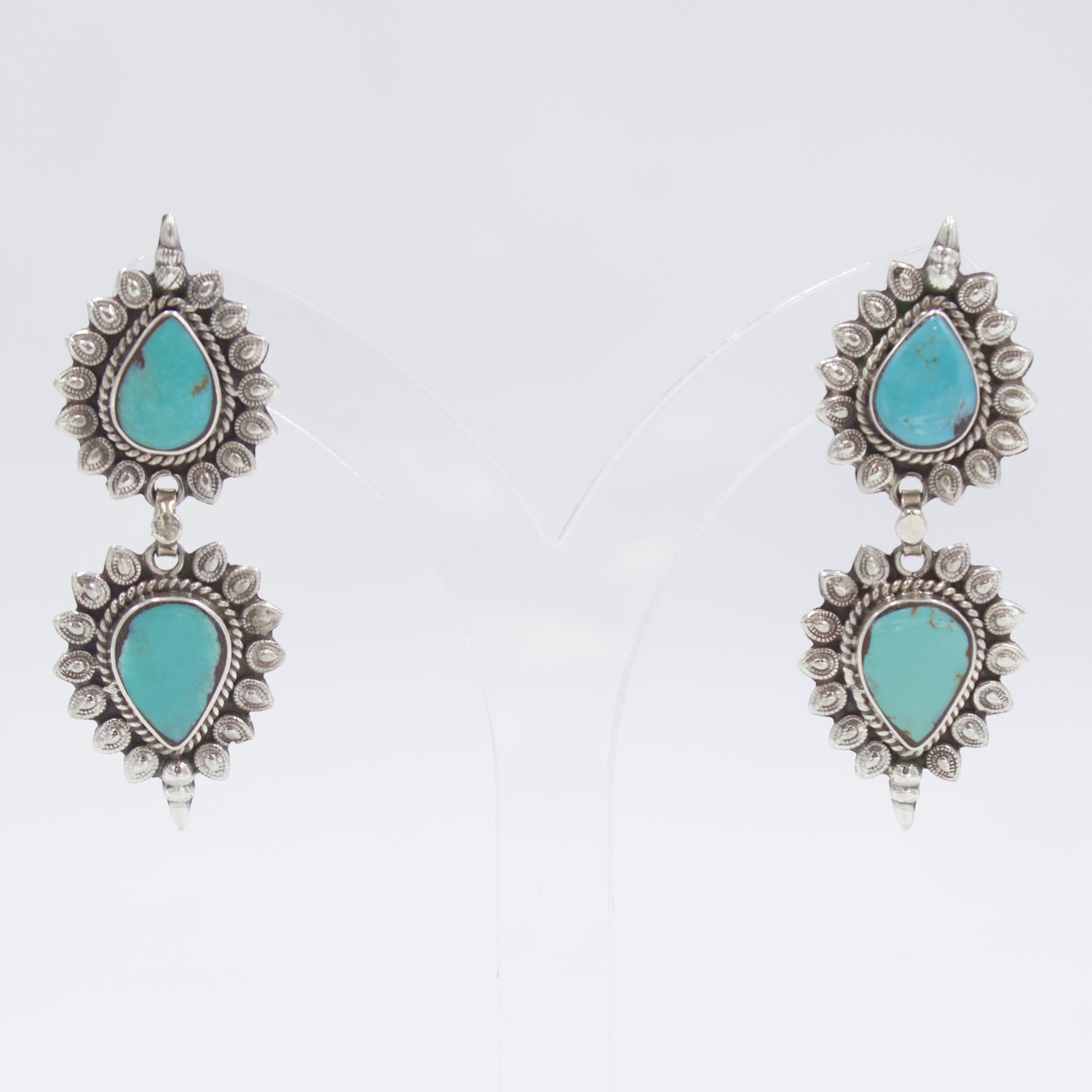 Vintage Turquoise Two-Tier Statement Drop Earrings In 925 Sterling Silver
