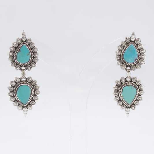 Vintage Turquoise Two-Tier Statement Drop Earrings In 925 Sterling Silver