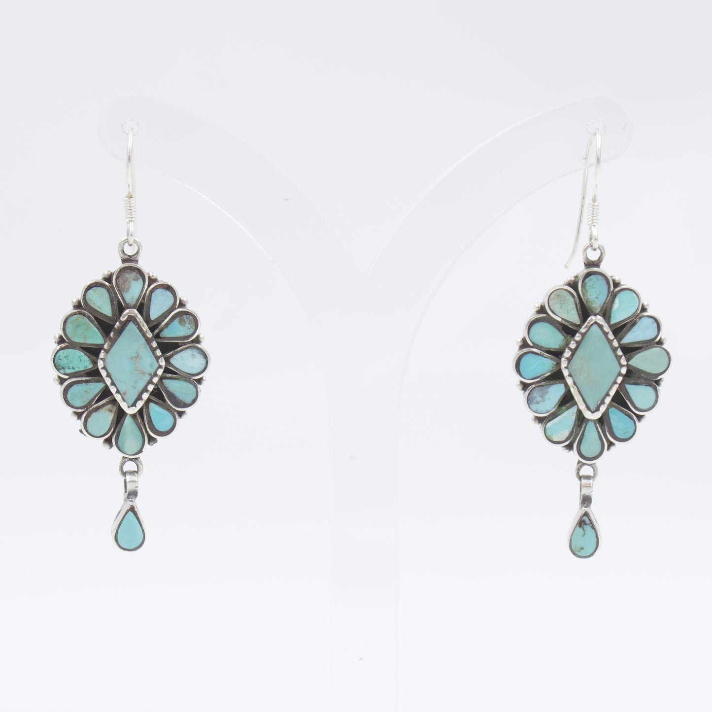 Beautiful Vintage Turquoise Diamond Cluster Dangle Earrings in Sterling Silver