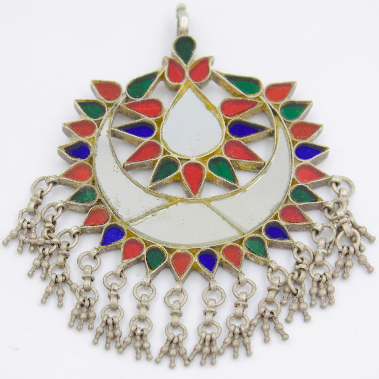 Vintage Tribal Coloured Glass Crescent Moon Pendant in Sterling Silver