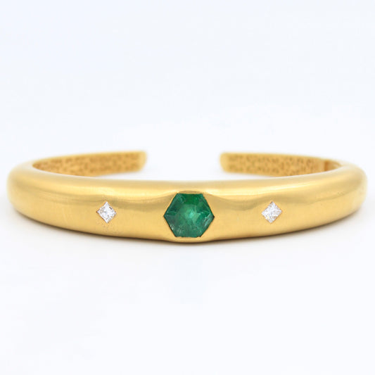 Natural 2.2 CT Emerald & Diamond Filigree Work Cuff Bracelet in 18K Brushed Gold