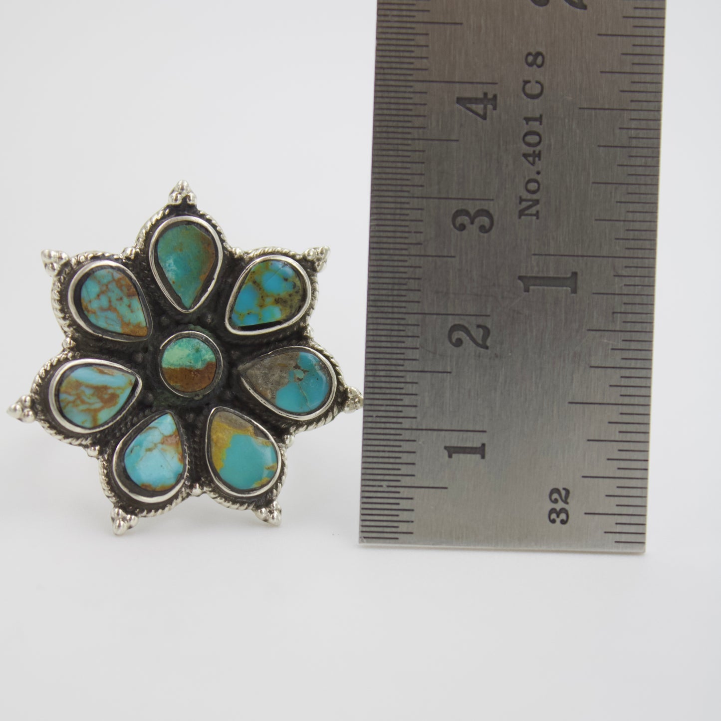 Vintage Sterling Silver Natural Turquoise Flower Cluster Statement Ring