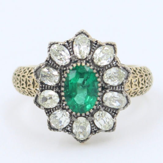 Natural 1.97 Ct Emerald & Old Mine Diamond Filigree Cocktail Ring in 18K Gold