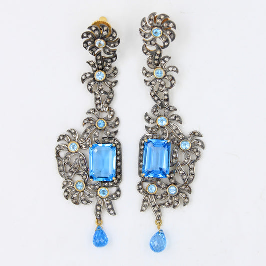 Victorian 27.52 TCW Blue Topaz and Diamond Drop Earrings in 14K Gold and Sterling Silver