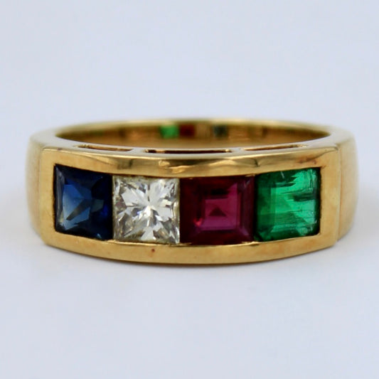 Natural AAA 2.22 TCW Diamond, Ruby, Emerald & Sapphire Statement Ring 18K Gold