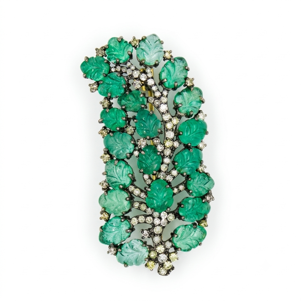 Carved Emerald & Diamond Leaf Brooch in 14K Gold & Sterling Silver