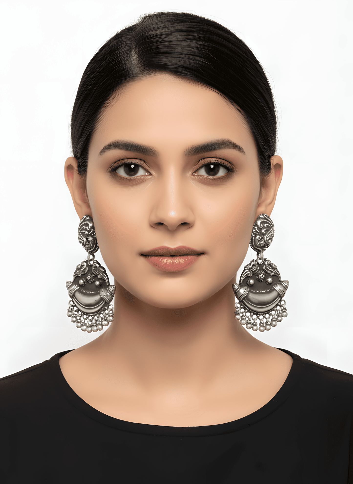 Oxidized 92.5 Sterling Silver Traditional Indian Peacock Drop Earrings