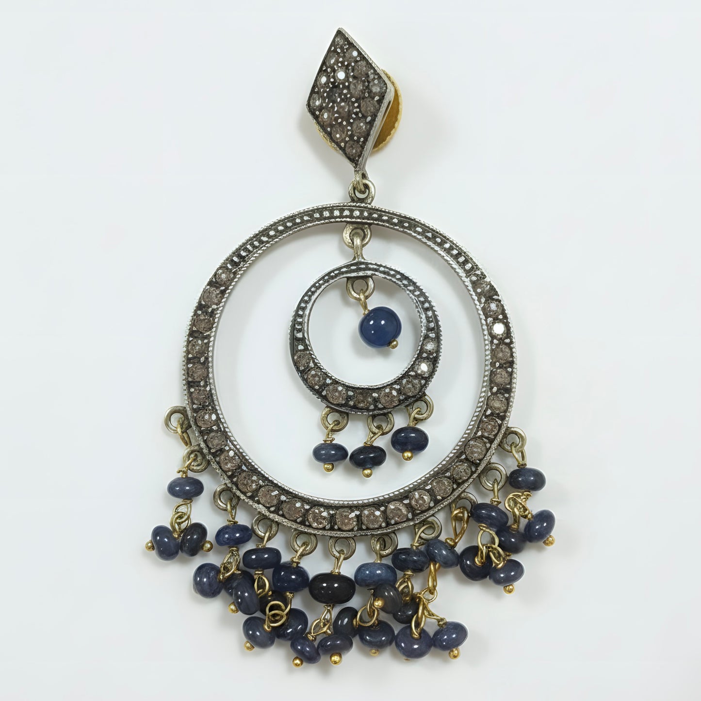 Victorian 3.21 Ct Natural Sapphire & Diamond Chandelier Earring 14K & Silver