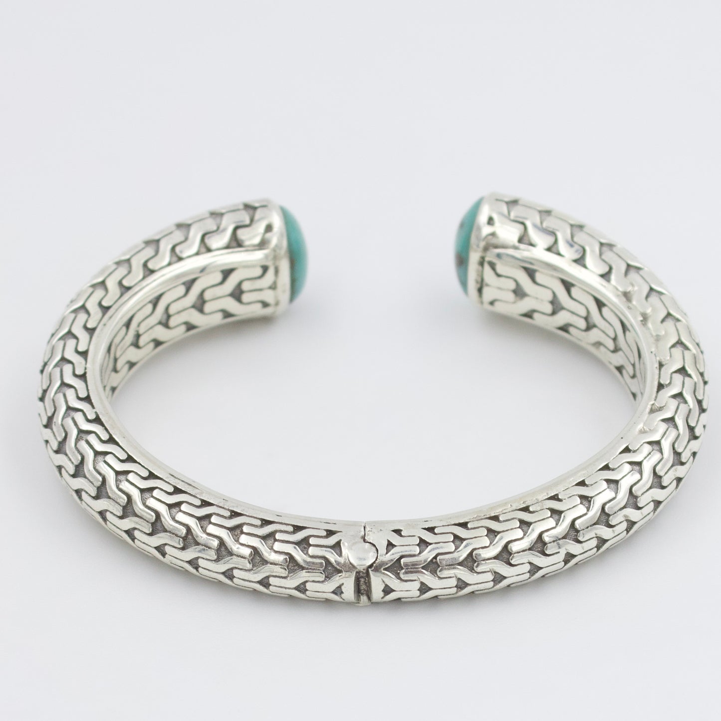 Natural Turquoise Hinged Etched Cuff Bracelet in Sterling Silver
