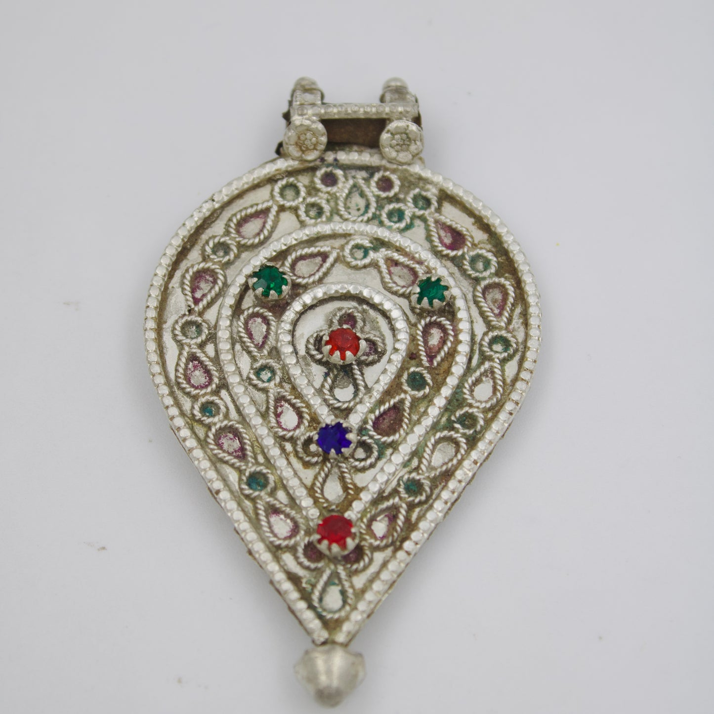 Antique Silver Paisley Pendant with Colorful Gem Accents & Intricate Bail 925 Sterling Silver
